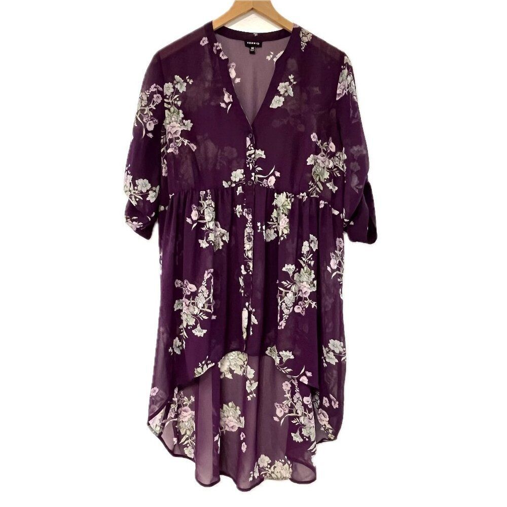 Torrid Floral Purple Sheer High Low Blouse - Size M/L